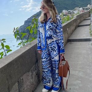 ZARA Blue Silk Printed Button Down Set - worn 1x